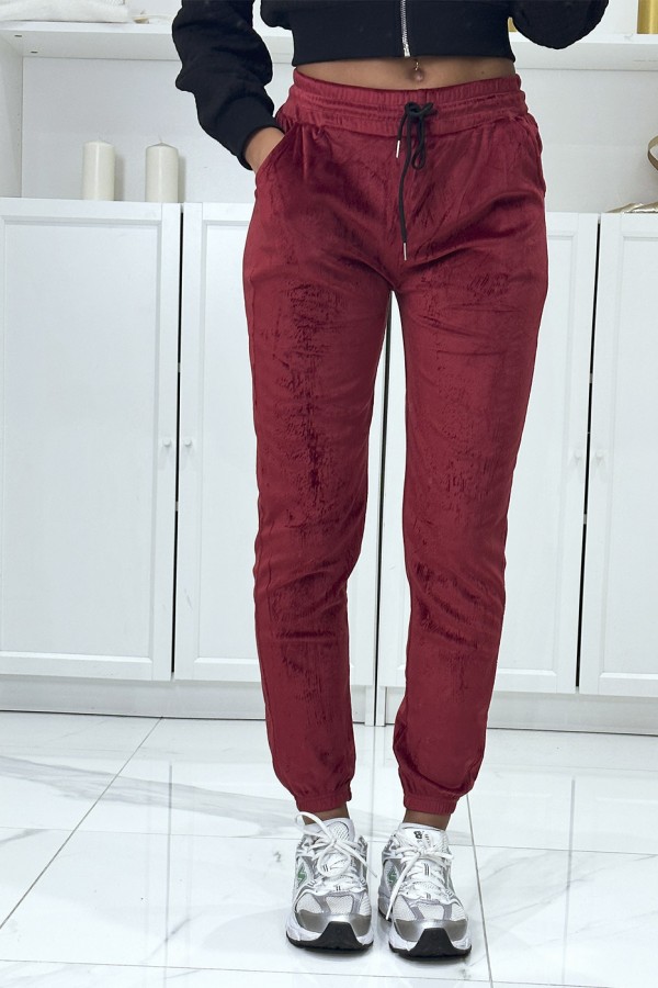 Pantalon jogging bordeaux en peau de pêche avec poches - 2