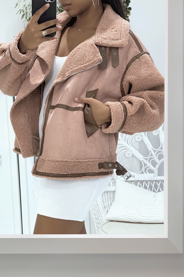 Blouson aviateur rose chaud et doux effet daim et moumoute parfait pour l'hiver - 1