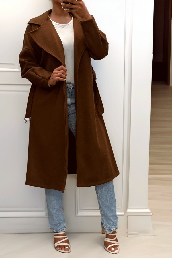 Long manteau marron avec ceinture et poches - 2