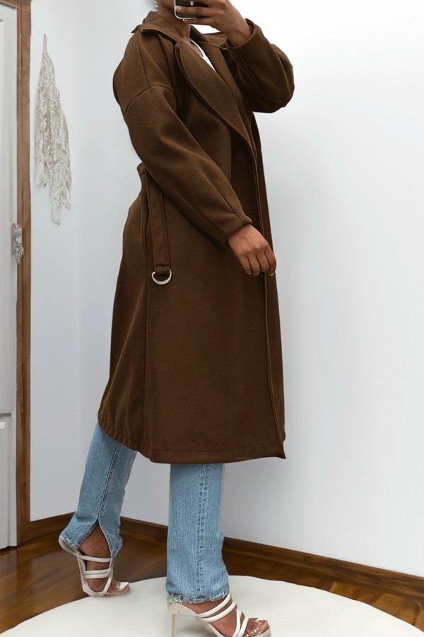 Long manteau marron avec ceinture et poches - 4