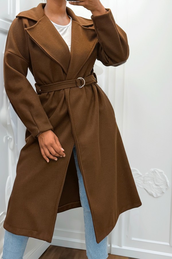 Long manteau marron avec ceinture et poches - 7