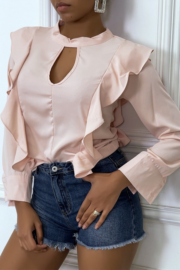 Blouse chic rose à manches longues et volants - 1