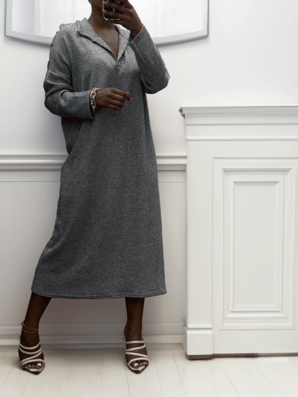 Longue robe épaisse col chemise en gris - 2