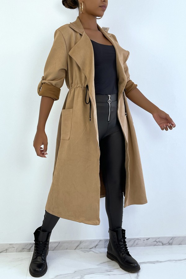 Manteau trench en suédine camel ajustable à la taille - 1