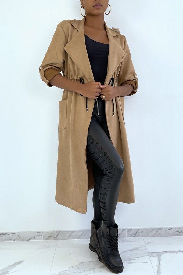 Manteau trench en suédine camel ajustable à la taille - 2