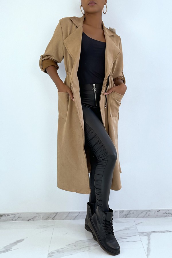 Manteau trench en suédine camel ajustable à la taille - 3