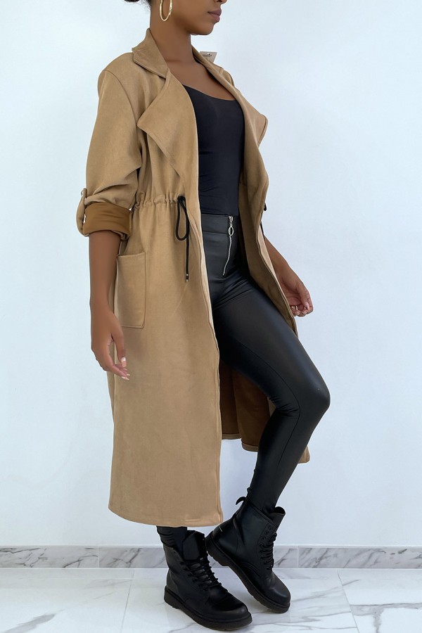 Manteau trench en suédine camel ajustable à la taille - 4