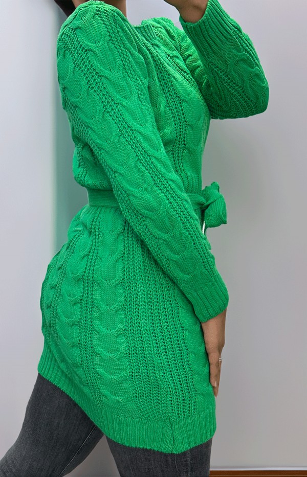 Robe verte en maille torsadée avec ceinture - 2