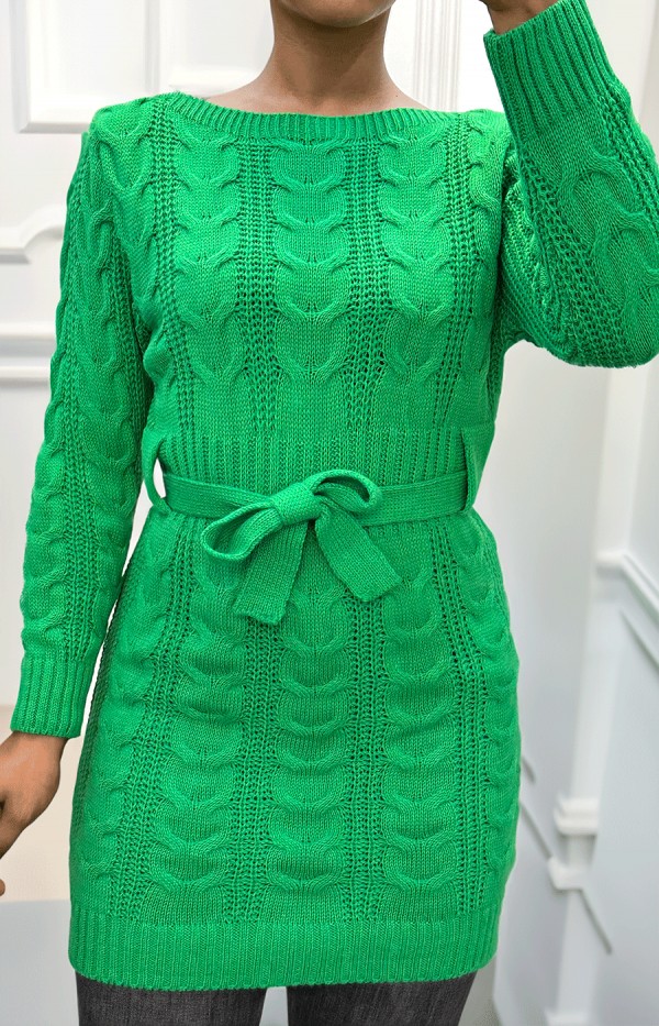 Robe verte en maille torsadée avec ceinture - 3