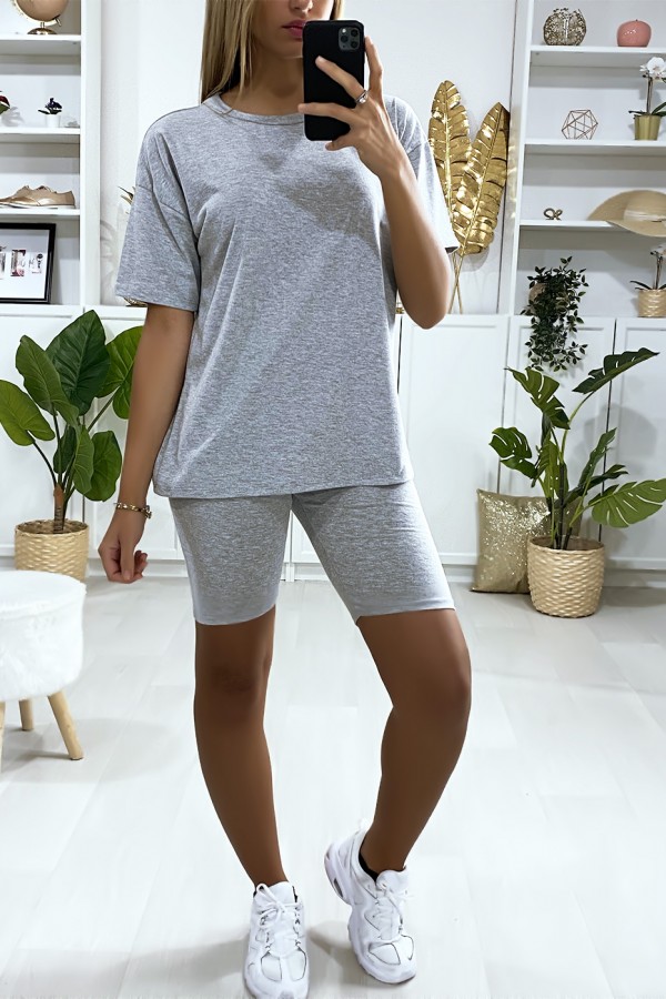 Ensemble short et t-shirt over size gris très fashion - 2