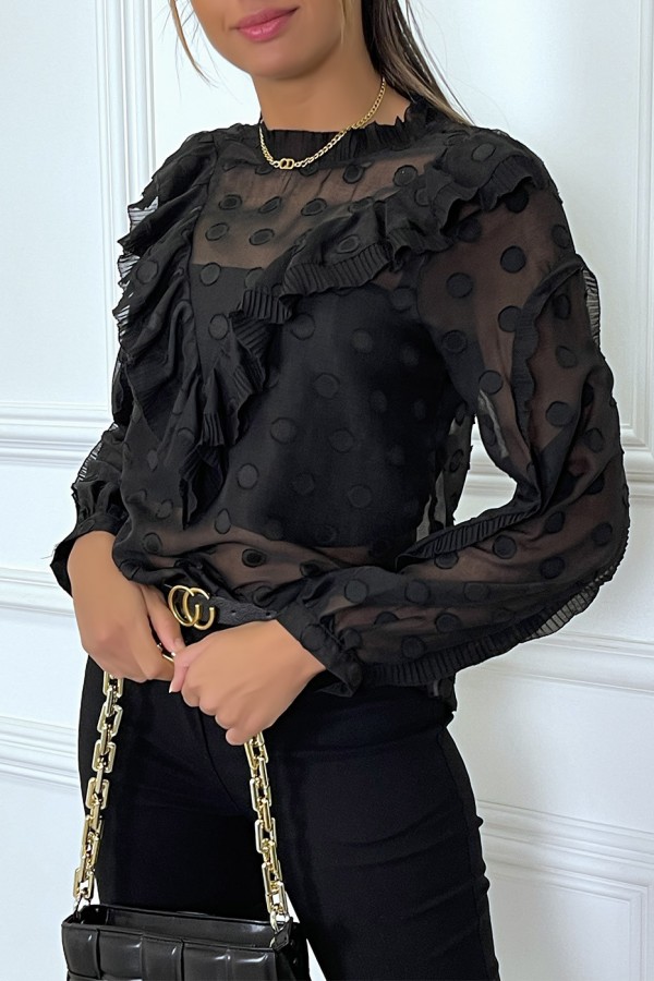 Blouse noire à volant et pois col claudine - 1