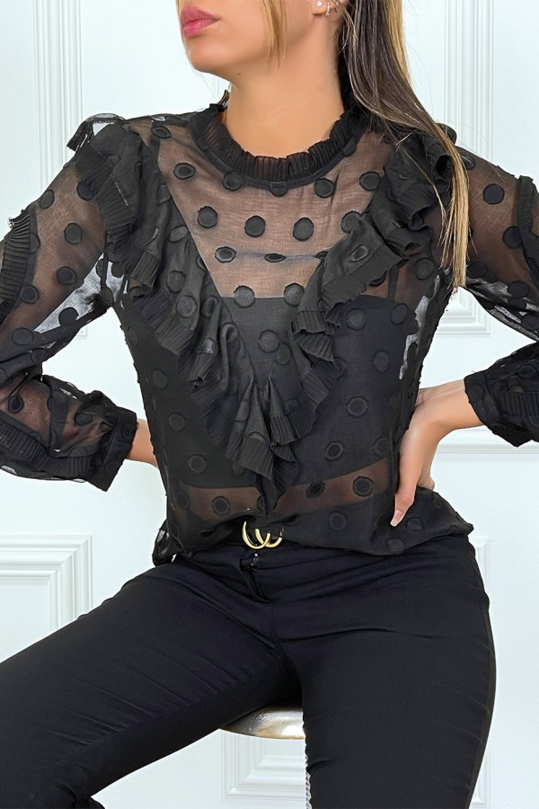 Blouse noire à volant et pois col claudine - 5