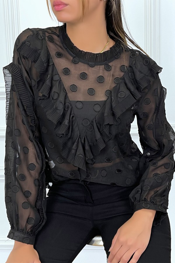 Blouse noire à volant et pois col claudine - 6