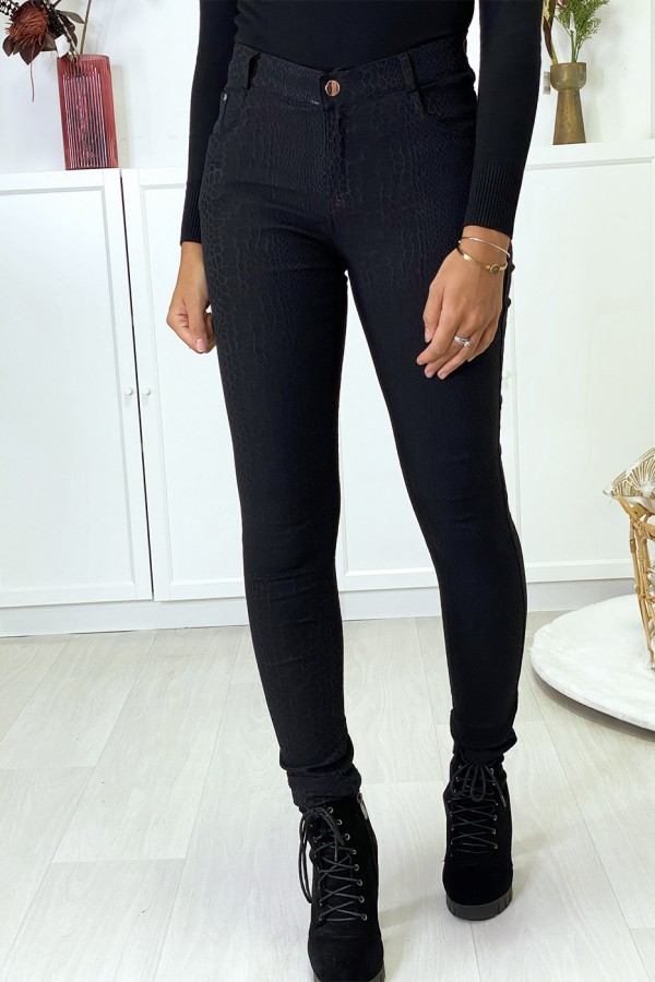 Pantalon slim noir motif python avec 5 poches - 2