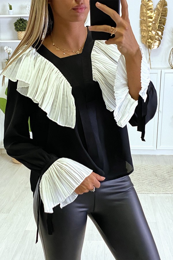 Blouse en crêpe noir avec volant plissé en blanc - 2