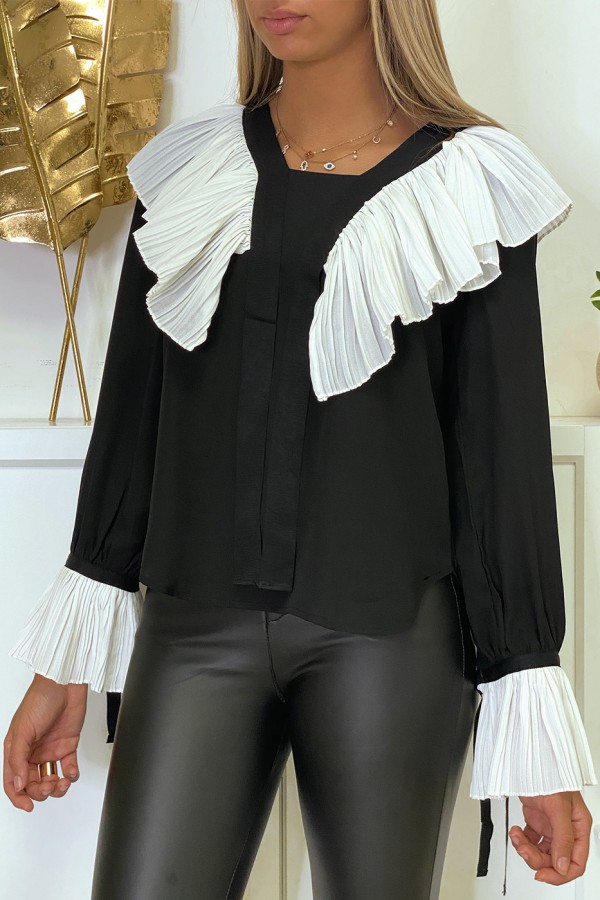 Blouse en crêpe noir avec volant plissé en blanc - 5