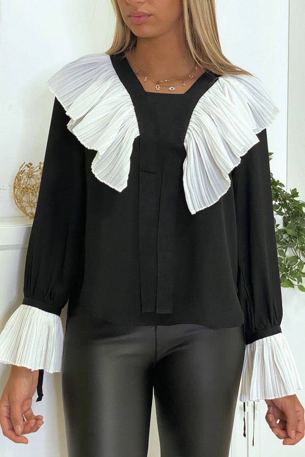 Blouse en crêpe noir avec volant plissé en blanc - 6