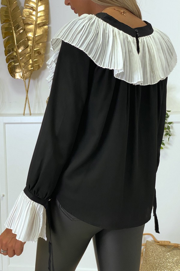 Blouse en crêpe noir avec volant plissé en blanc - 9