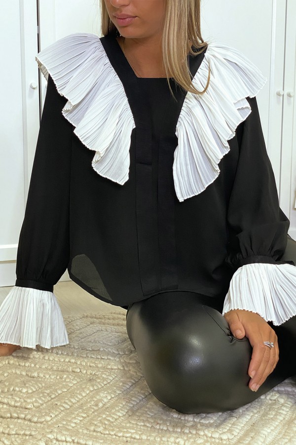 Blouse en crêpe noir avec volant plissé en blanc - 10