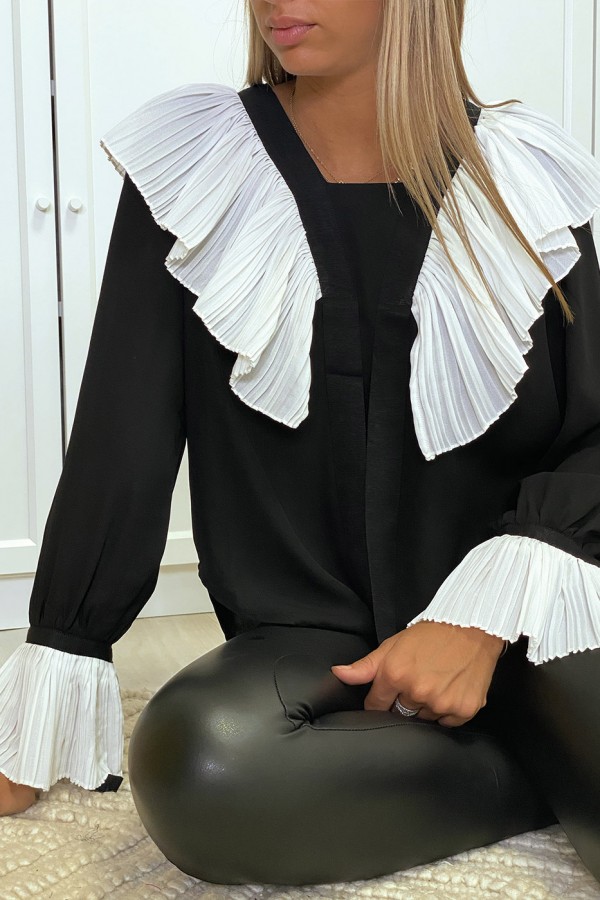 Blouse en crêpe noir avec volant plissé en blanc - 11