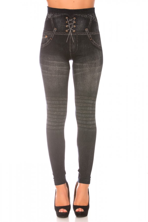 Leggings minceur noir style jeans taille haute et effet lien croisé. Effet Push-Up - 1