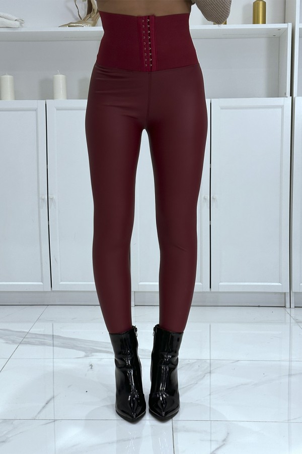 Pantalon slim minceur bordeaux en simili avec gaine ventre plat - 1