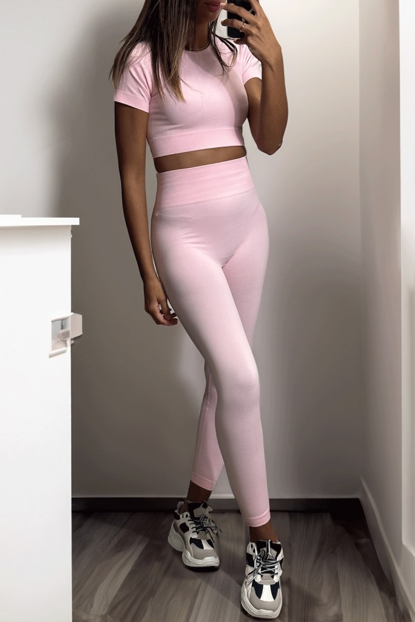 Ensemble legging et top sport rose en matière gênante - 2