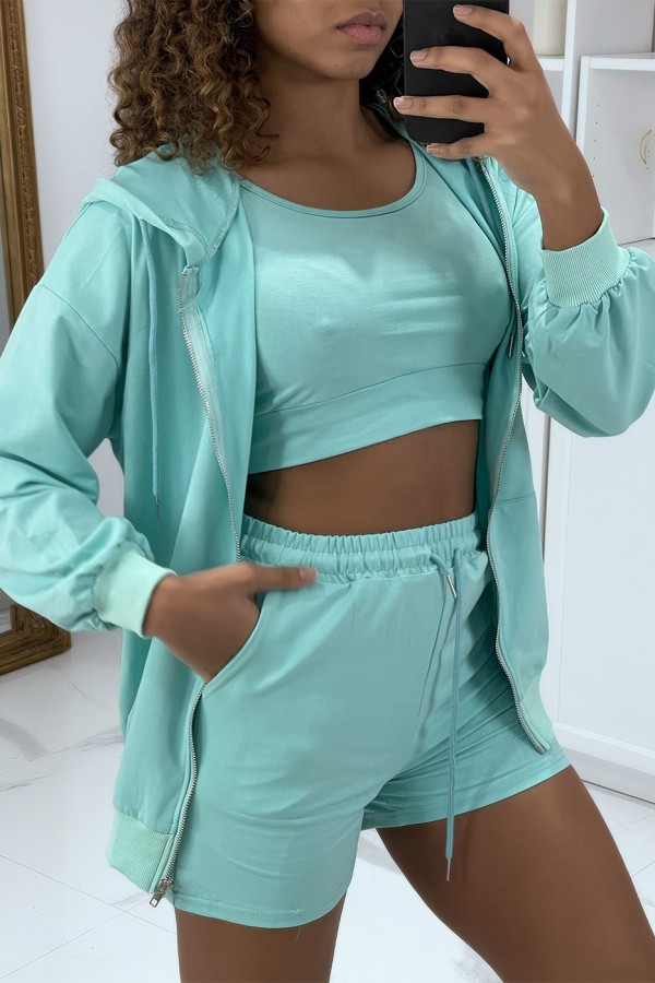 Ensemble 3 pièces vert d'eau sweat top et short - 1