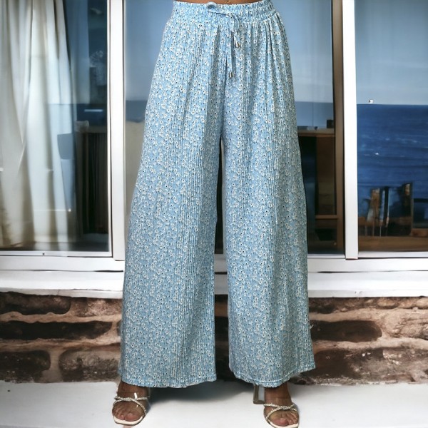 Pantalon palazzo plissé turquoise motif fleuris   - 2