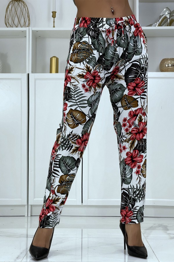 Pantalon fluide blanc à motif floral B-29 - 1