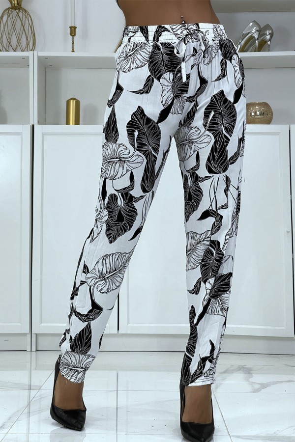 Pantalon fluide blanc à motif floral B-31 - 3