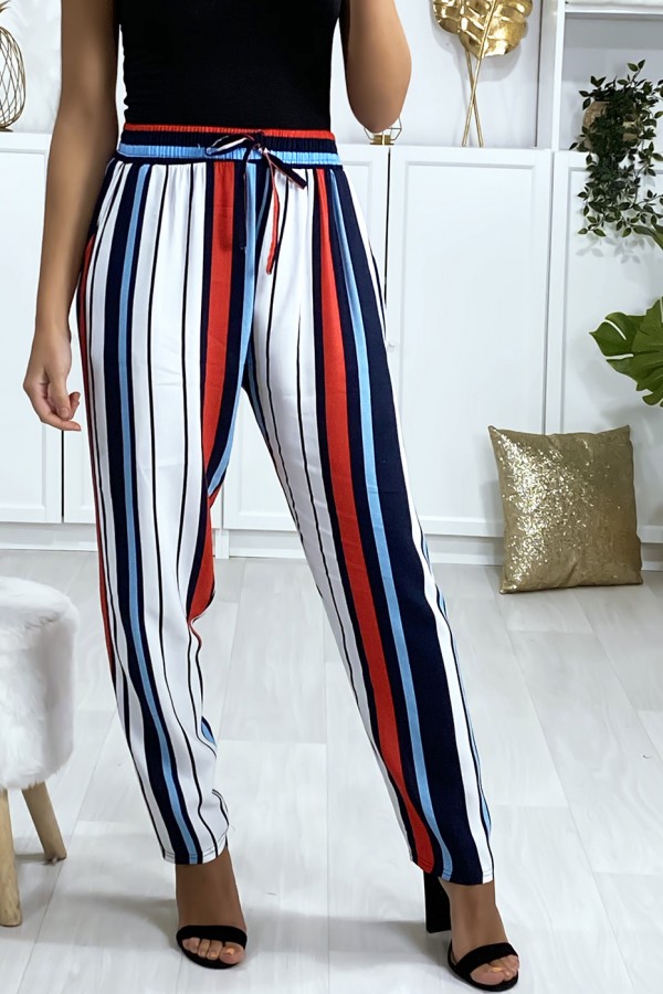 Pantalon rayé en coton bleu rouge blanc avec poches - 1