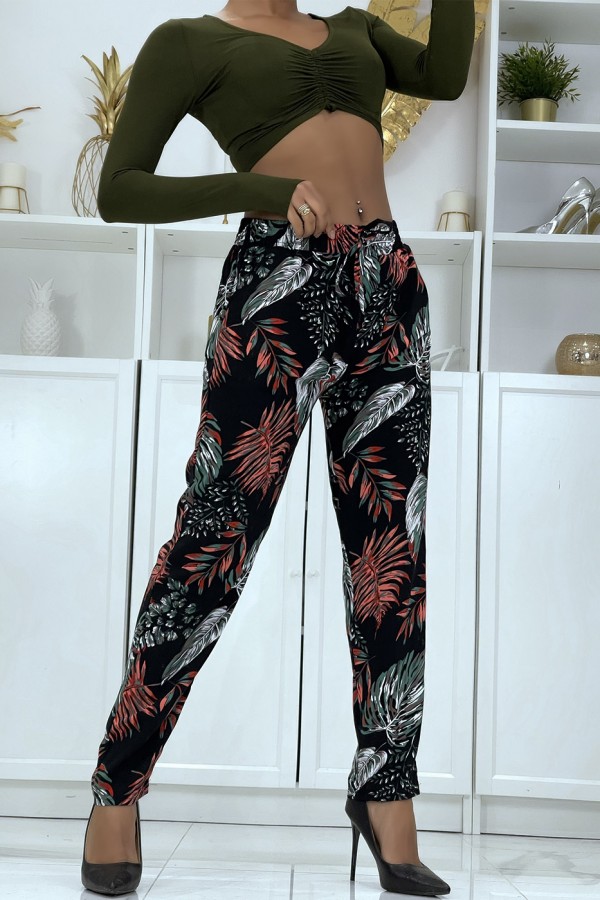 Pantalon fluide noir à motif floral B-15 - 1