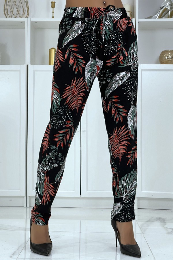 Pantalon fluide noir à motif floral B-15 - 2