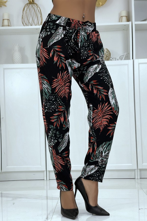 Pantalon fluide noir à motif floral B-15 - 3