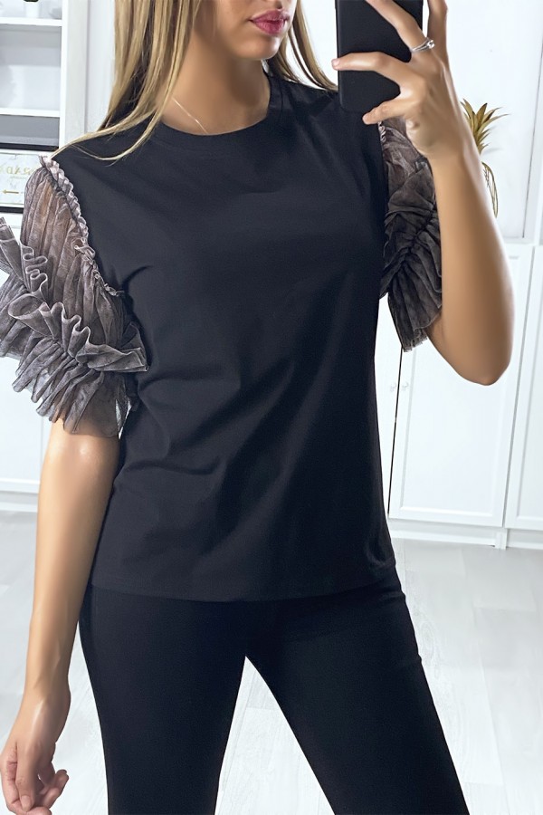 T-shirt noir avec manches en tulle taupe - 4