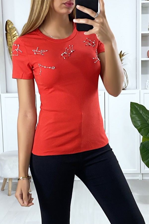 T-shirt rouge avec strass au buste - 1