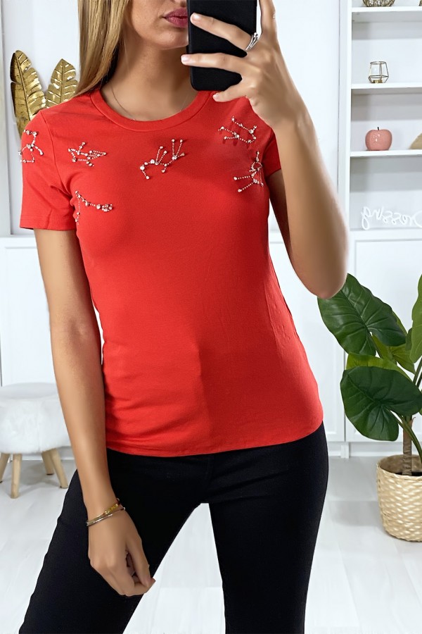 T-shirt rouge avec strass au buste - 2