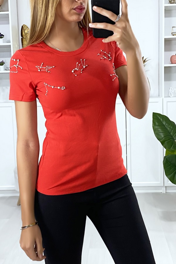 T-shirt rouge avec strass au buste - 3