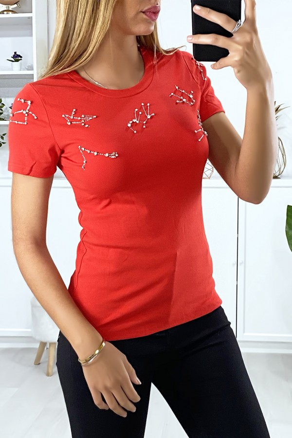 T-shirt rouge avec strass au buste - 4