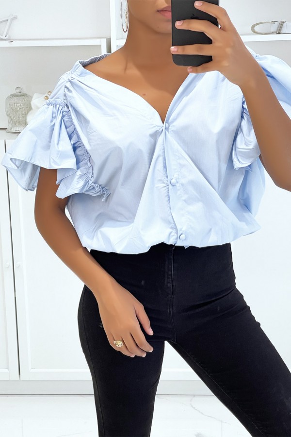 Blouse chemise bleu boutonnés à l'avant  avec volant aux manches et fronce aux épaules - 2