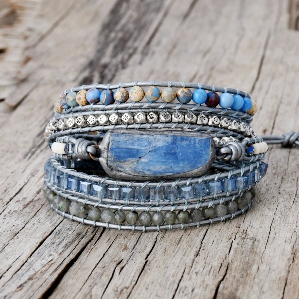 Bracelet en Cyanite Naturelle pour Homme et Femme, Cuir Épais, Clip Bleu|16,19 €|OKKO MODE