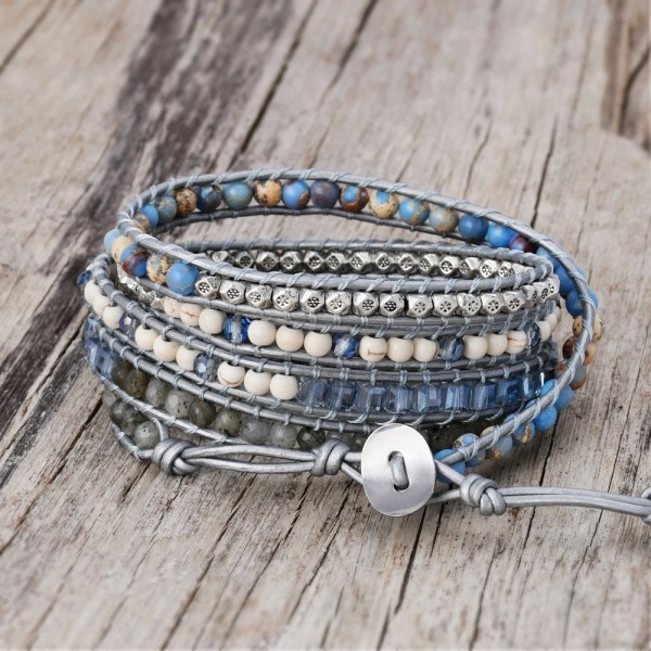 Bracelet en Cyanite Naturelle pour Homme et Femme, Cuir Épais, Clip Bleu|16,19 €|OKKO MODE