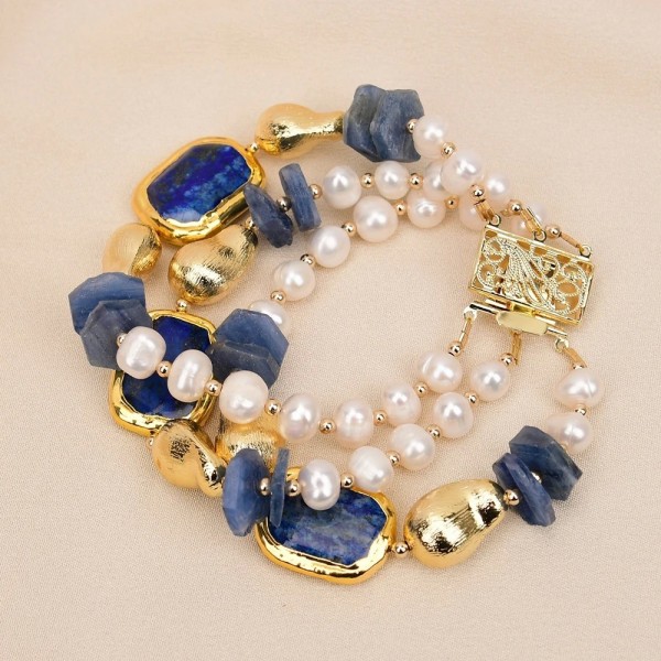 Bracelet 3 rangées perle or blanc lapis lazuli kyanite pierre naturelle|36,89 €|OKKO MODE