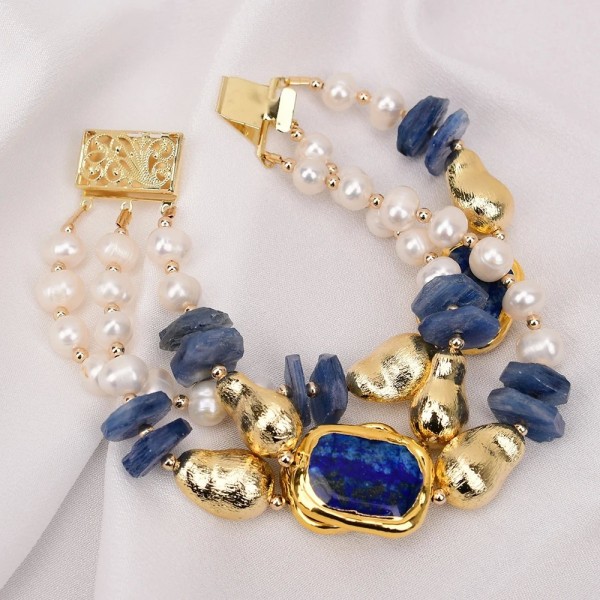 Bracelet 3 rangées perle or blanc lapis lazuli kyanite pierre naturelle|36,89 €|OKKO MODE