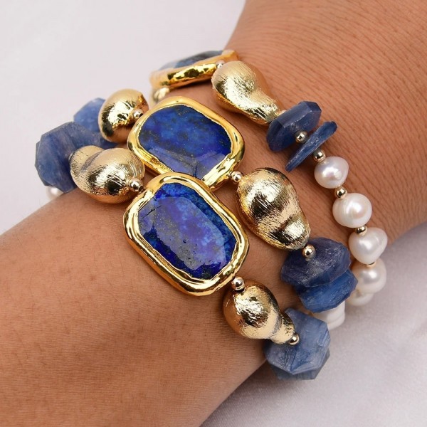 Bracelet en Kyanite Naturelle pour Femme, Perles Blanches Plaquées Or, Lapis Lazuli BL192|35,09 €|OKKO MODE