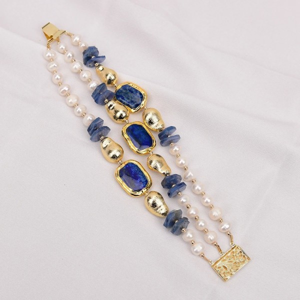 Bracelet en Kyanite Naturelle pour Femme, Perles Blanches Plaquées Or, Lapis Lazuli BL192|35,09 €|OKKO MODE