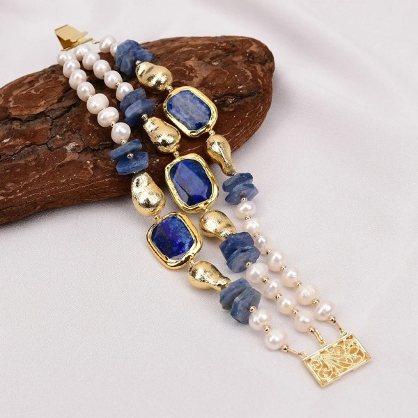 Bracelet en Kyanite Naturelle pour Femme, Perles Blanches Plaquées Or, Lapis Lazuli BL192|35,09 €|OKKO MODE