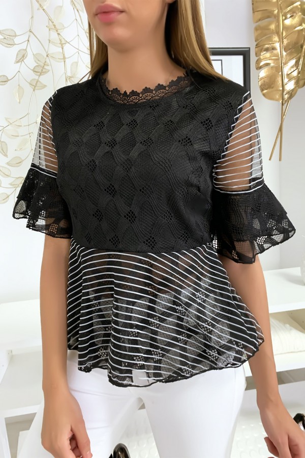 Blouse noire avec joli motifs dentelle et volant - 2