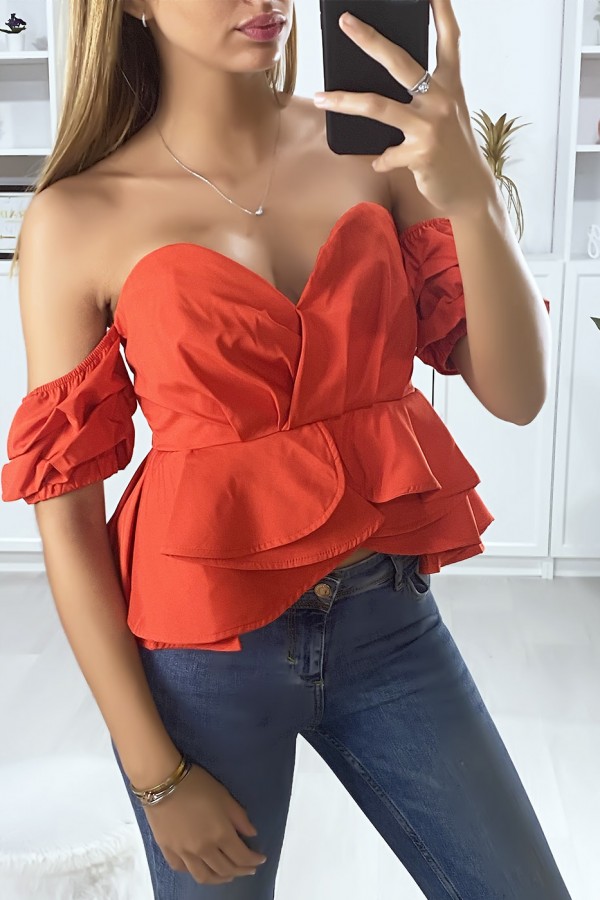 Bustier rouge dénudé croisé devant avec volant - 3